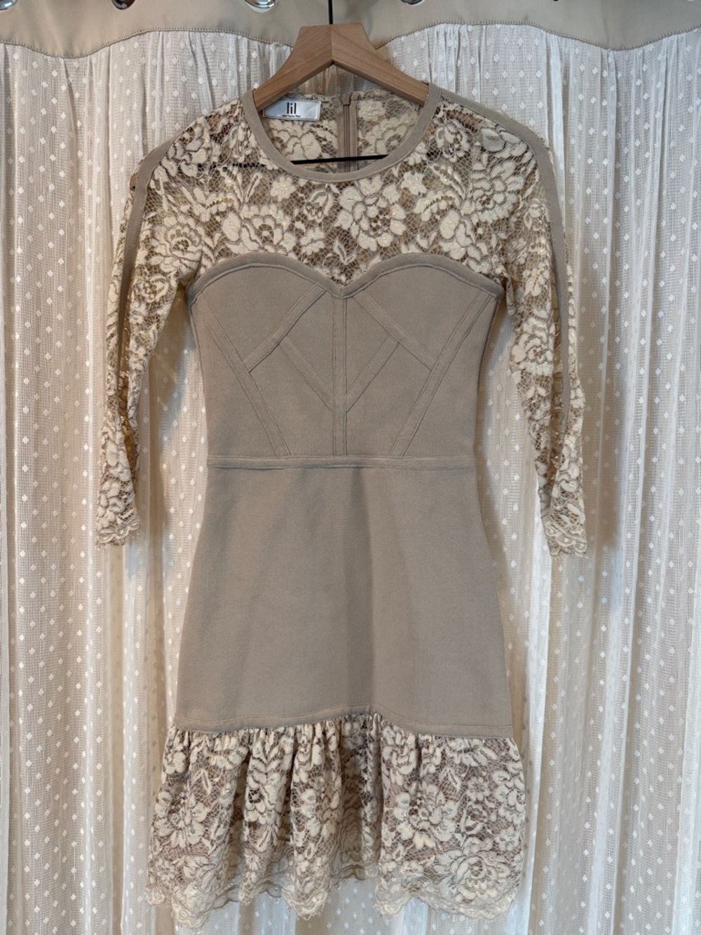 Lil Beige Lace-Trim Long Sleeve Fitted Dress